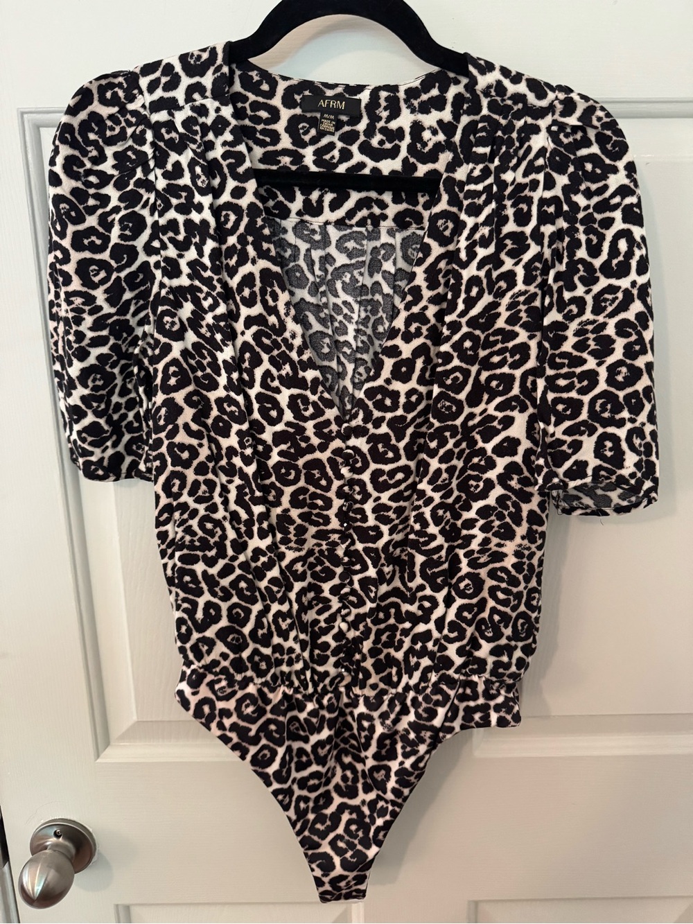 AFRM Black and White Leopard Print V-Neck Puff Sleeve Bodysuit size Medium